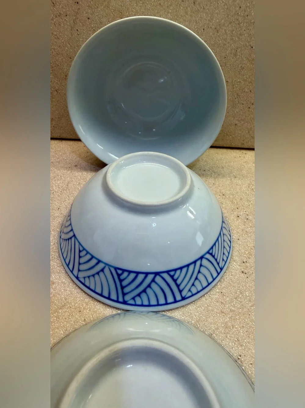 Blue Wave Geometric Pattern Porcelain Serving Rice Bowls - Set of 3 White w/Blue